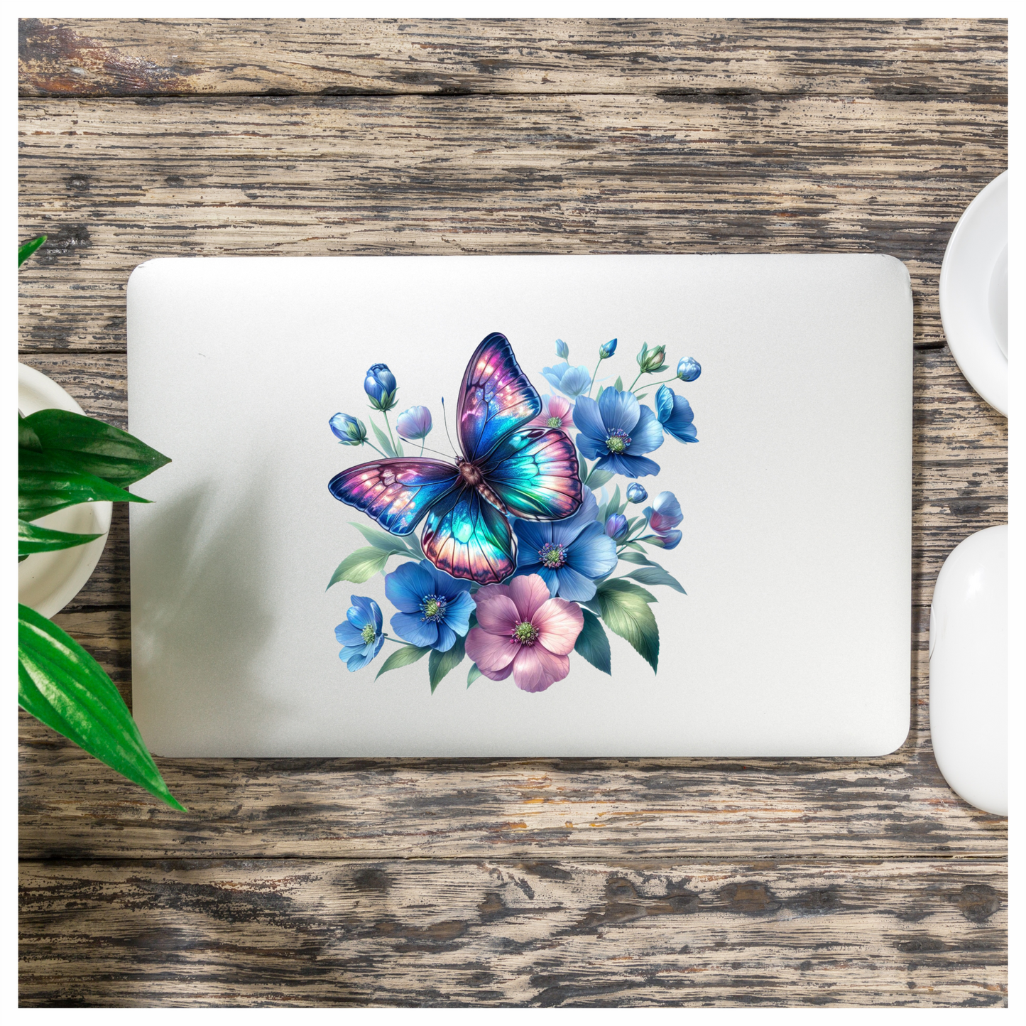 Rainbow Butterfly On Blue Flowers Vinyl Sticker Decal
