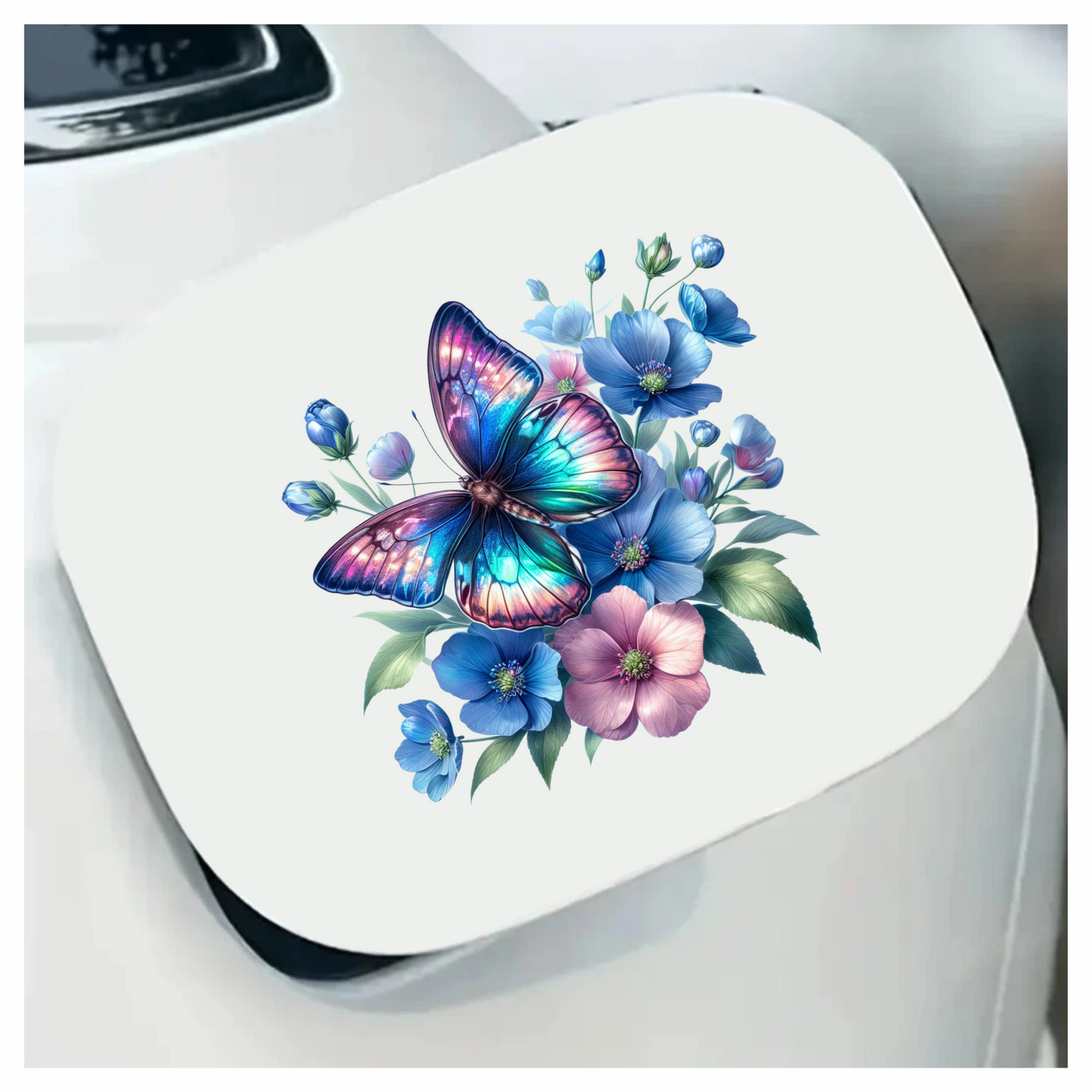Rainbow Butterfly On Blue Flowers Vinyl Sticker Decal
