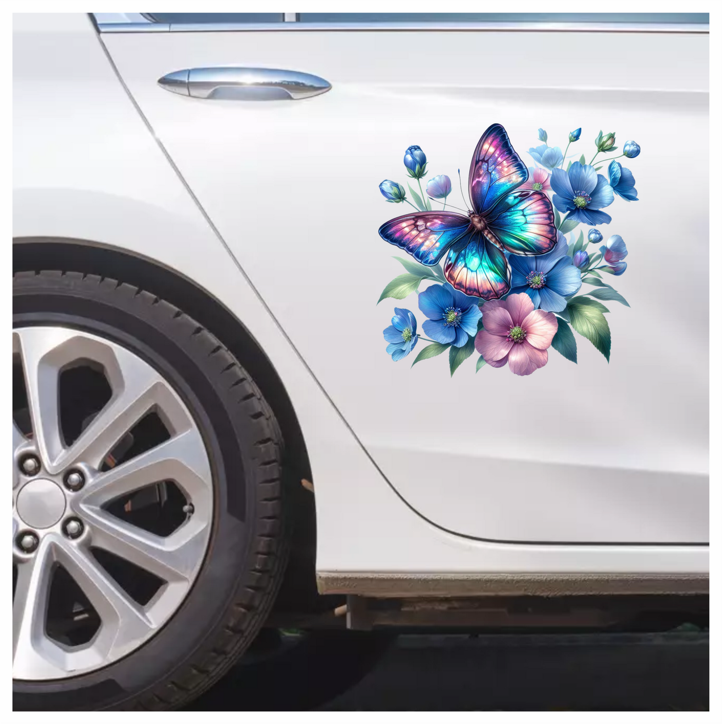 Rainbow Butterfly On Blue Flowers Vinyl Sticker Decal