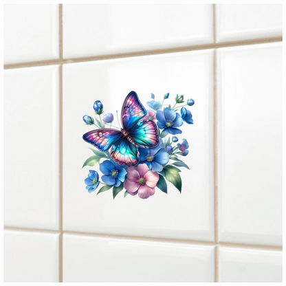 Rainbow Butterfly On Blue Flowers Vinyl Sticker Decal