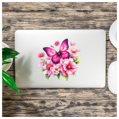 Pink Butterfly On Cosmos Flowers Vinyl Sticker Decal