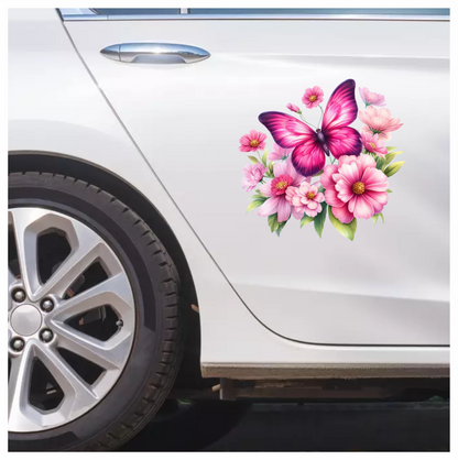 Pink Butterfly On Cosmos Flowers Vinyl Sticker Decal