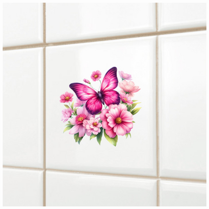 Pink Butterfly On Cosmos Flowers Vinyl Sticker Decal