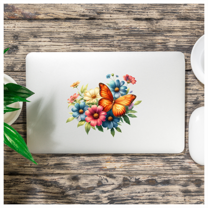 Orange Butterfly On Cosmos Flowers Vinyl Sticker Decal