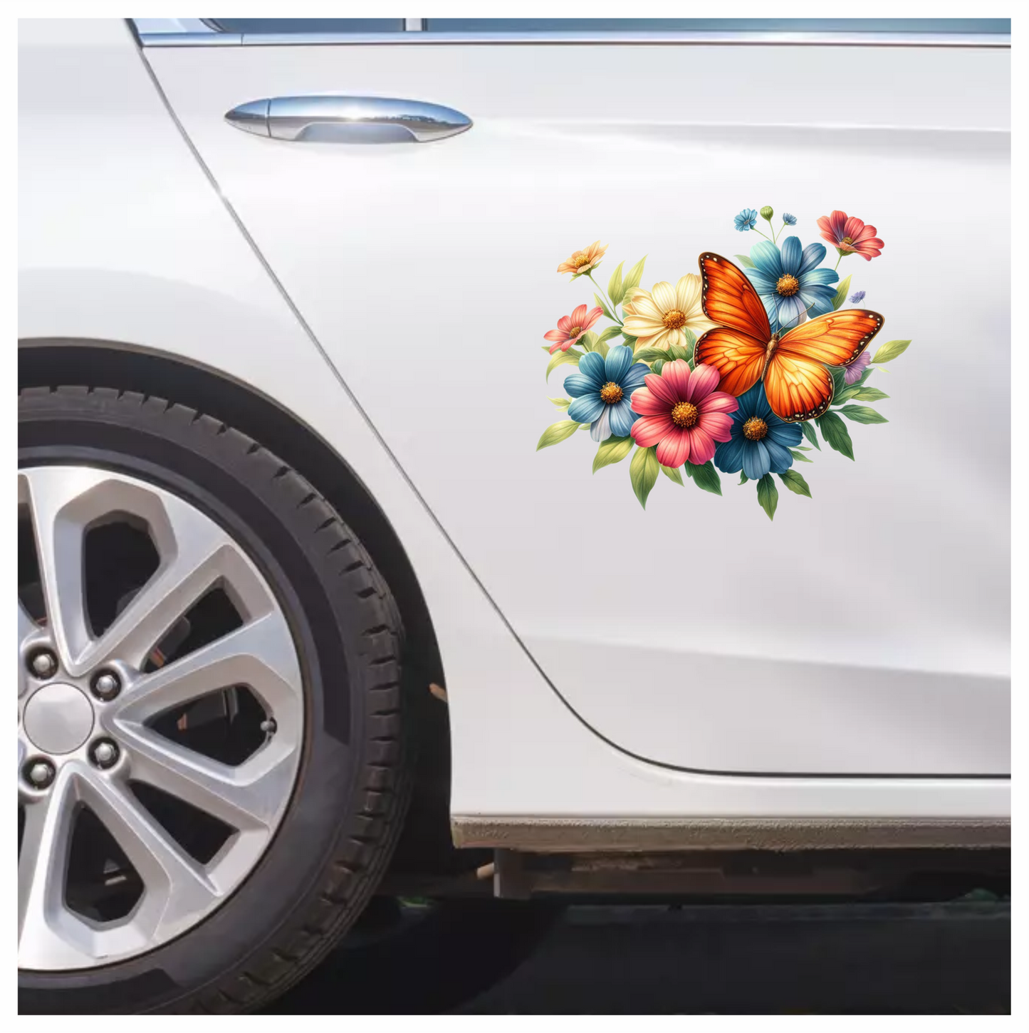 Orange Butterfly On Cosmos Flowers Vinyl Sticker Decal