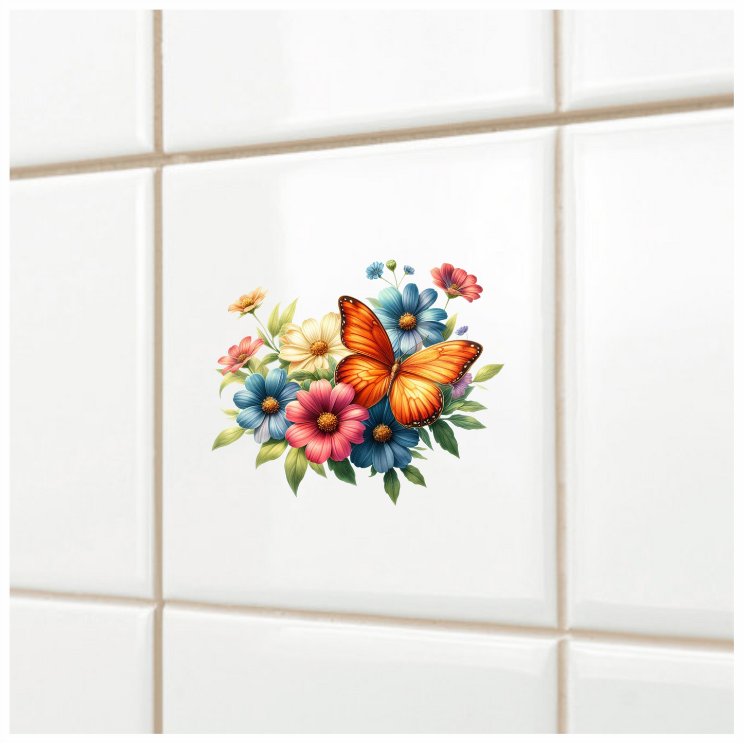 Orange Butterfly On Cosmos Flowers Vinyl Sticker Decal