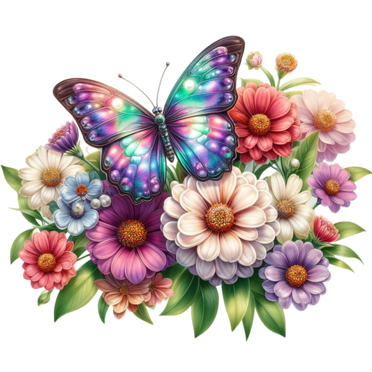 Rainbow Butterfly On Zinnia Flowers Vinyl Sticker Decal