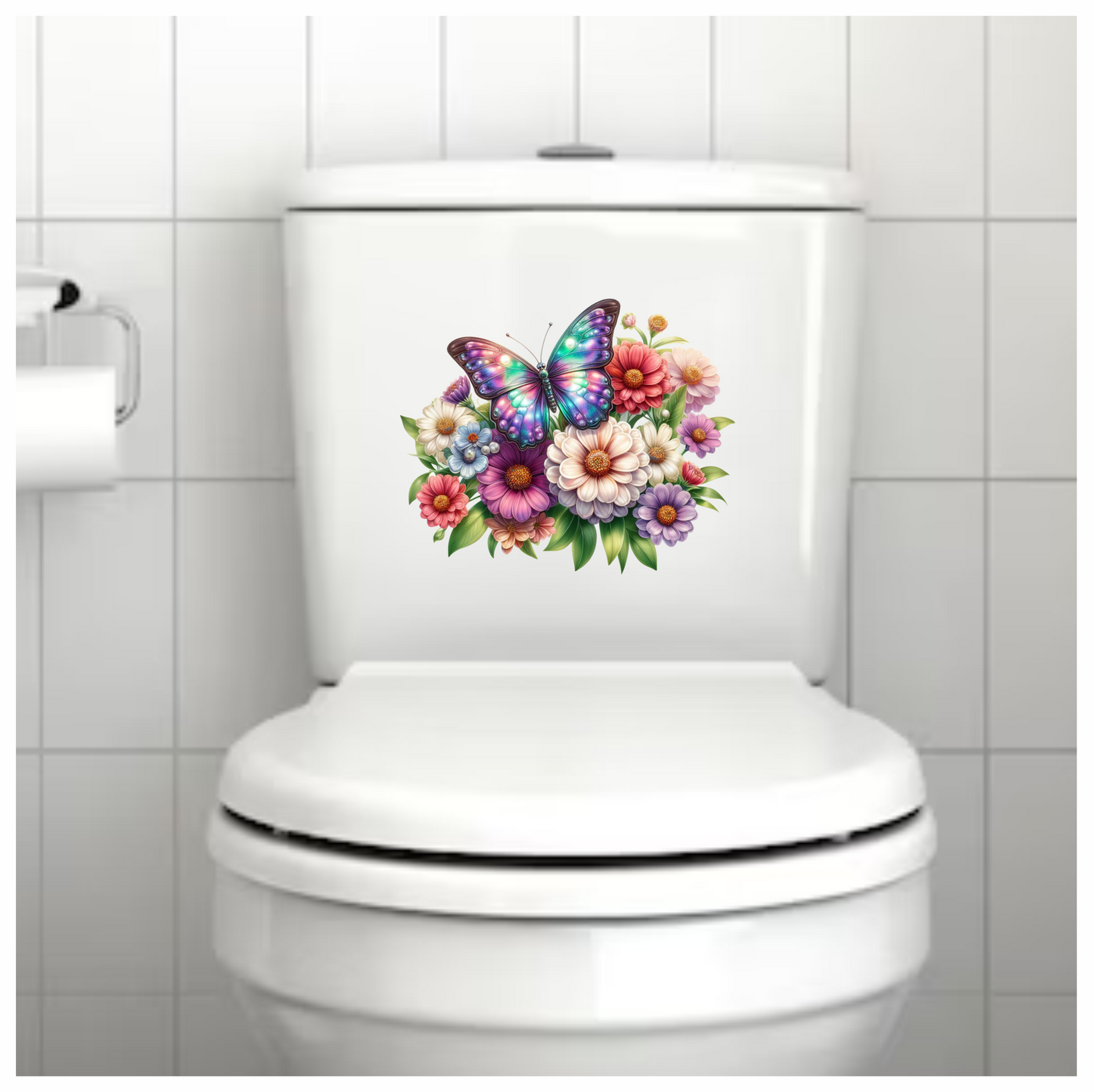 Rainbow Butterfly On Zinnia Flowers Vinyl Sticker Decal