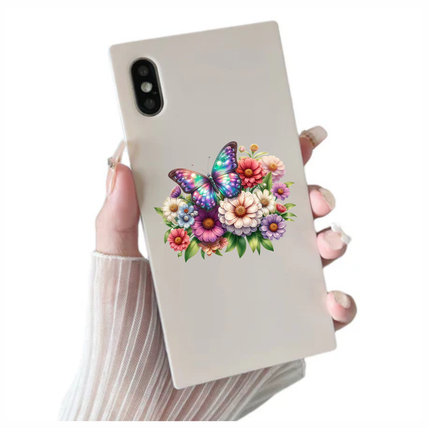 Rainbow Butterfly On Zinnia Flowers Vinyl Sticker Decal