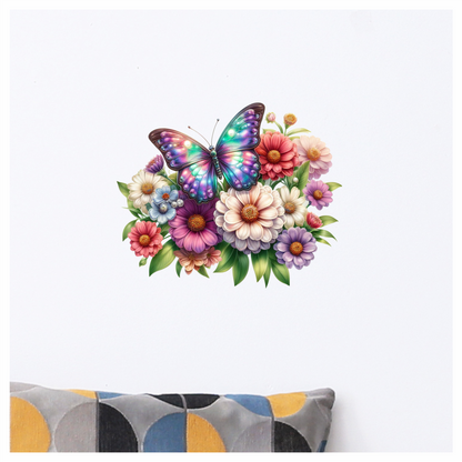 Rainbow Butterfly On Zinnia Flowers Vinyl Sticker Decal