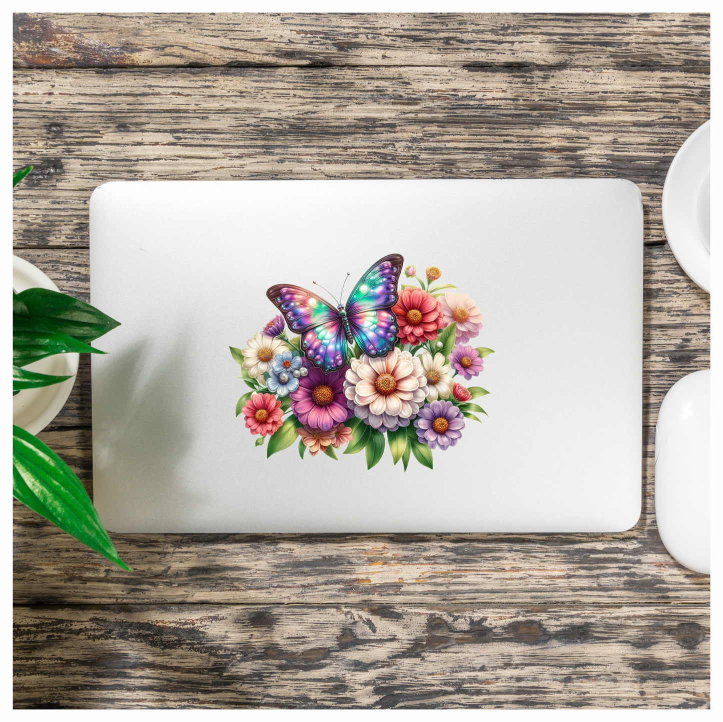 Rainbow Butterfly On Zinnia Flowers Vinyl Sticker Decal