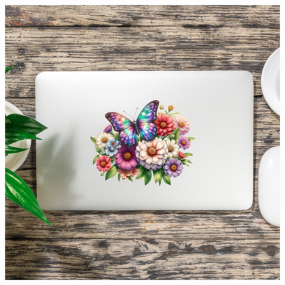 Rainbow Butterfly On Zinnia Flowers Vinyl Sticker Decal