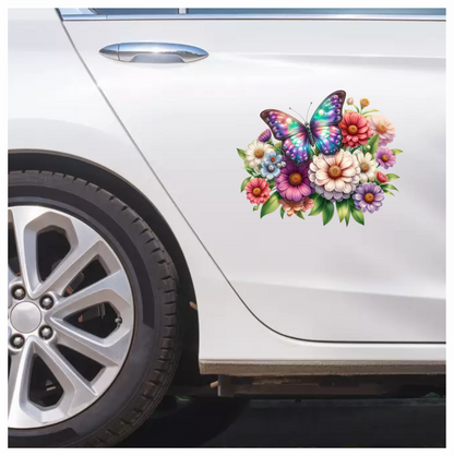 Rainbow Butterfly On Zinnia Flowers Vinyl Sticker Decal