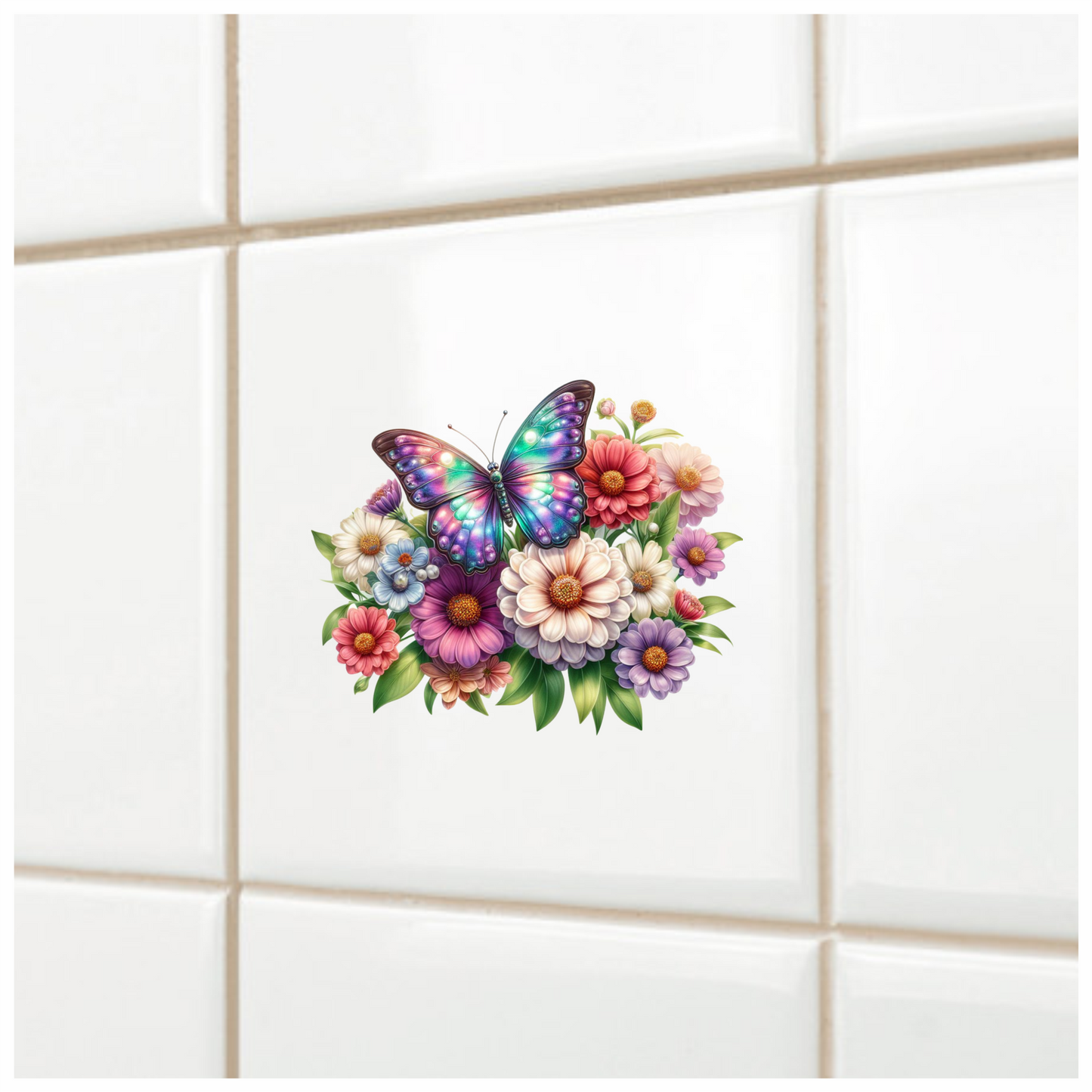 Rainbow Butterfly On Zinnia Flowers Vinyl Sticker Decal
