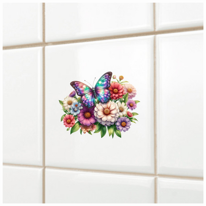 Rainbow Butterfly On Zinnia Flowers Vinyl Sticker Decal