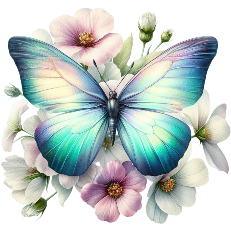 Aqua Butterfly On White Flowers Vinyl Sticker Decal