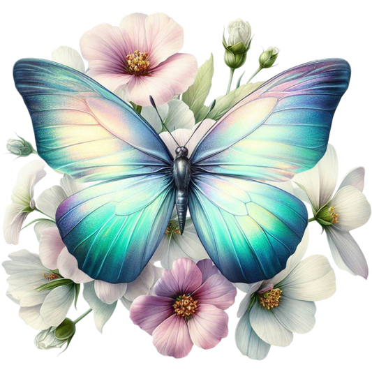 Aqua Butterfly On White Flowers Vinyl Sticker Decal