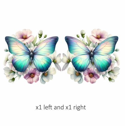 Aqua Butterfly On White Flowers Vinyl Sticker Decal