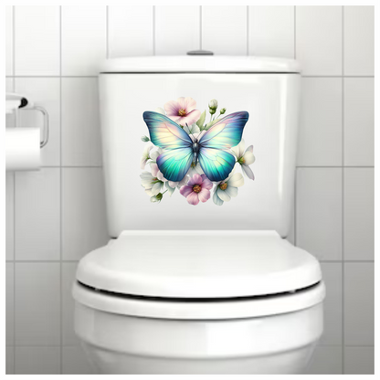 Aqua Butterfly On White Flowers Vinyl Sticker Decal