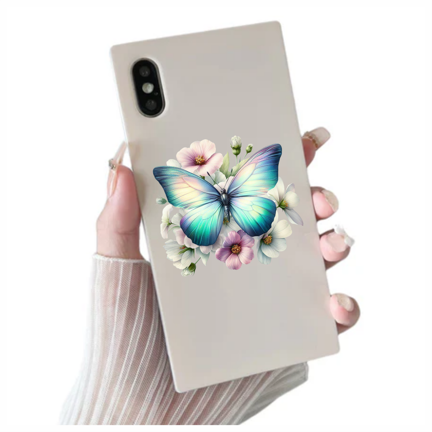 Aqua Butterfly On White Flowers Vinyl Sticker Decal