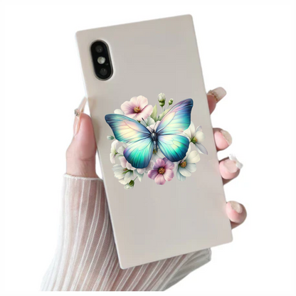 Aqua Butterfly On White Flowers Vinyl Sticker Decal