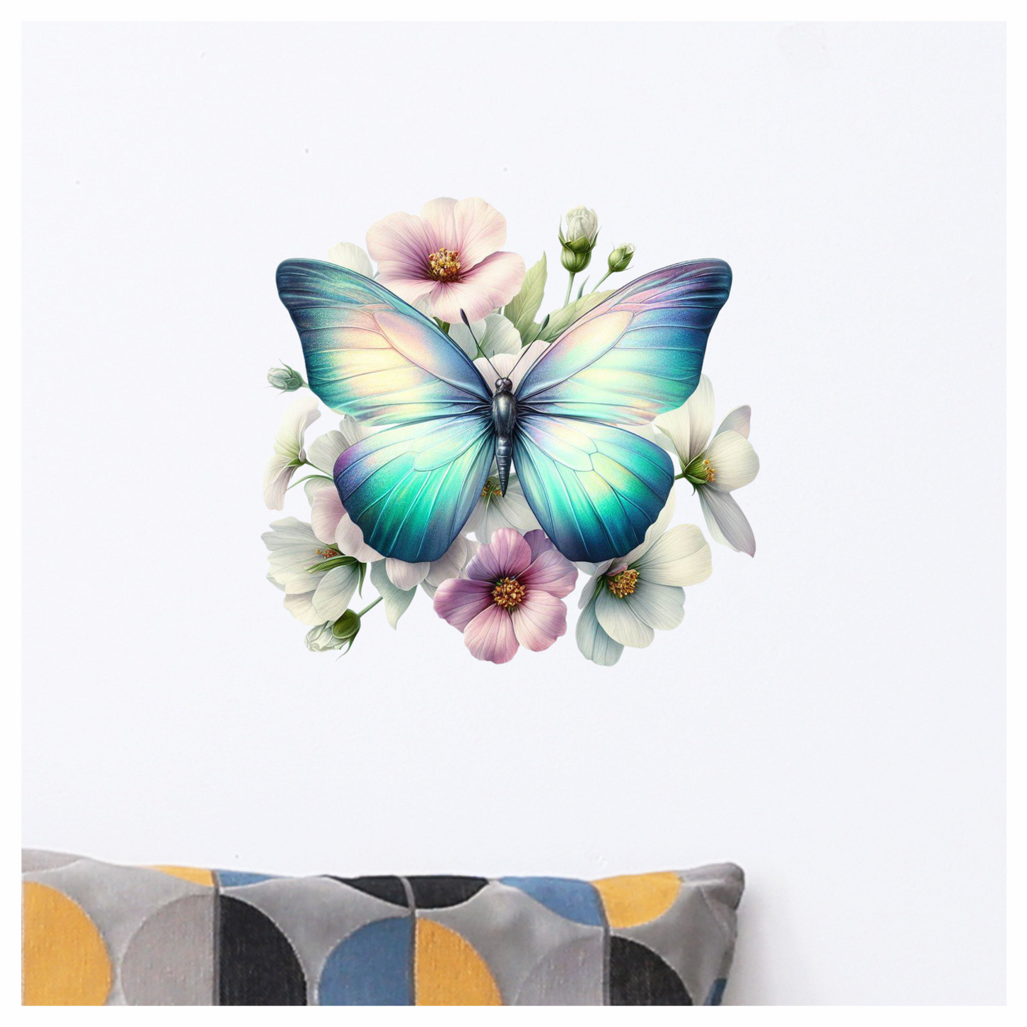 Aqua Butterfly On White Flowers Vinyl Sticker Decal