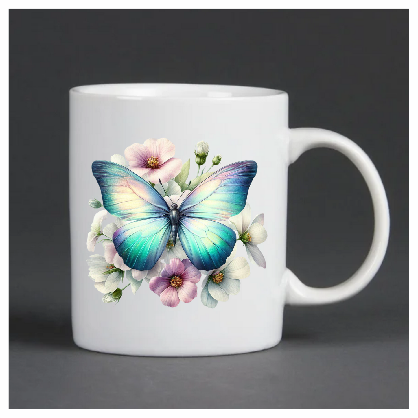 Aqua Butterfly On White Flowers Vinyl Sticker Decal