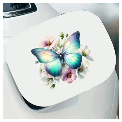 Aqua Butterfly On White Flowers Vinyl Sticker Decal