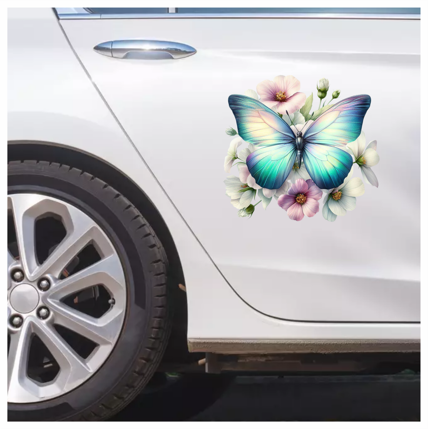 Aqua Butterfly On White Flowers Vinyl Sticker Decal