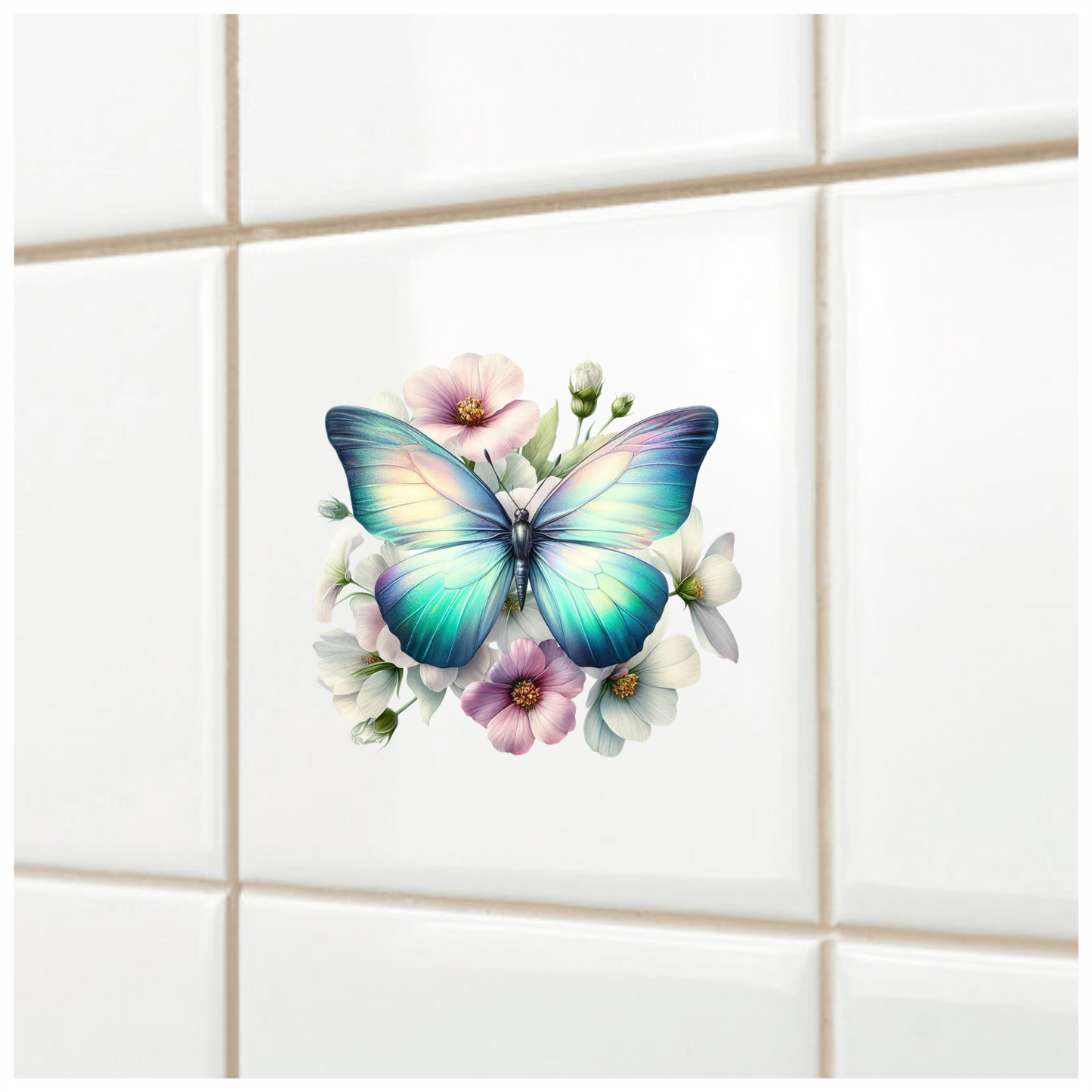 Aqua Butterfly On White Flowers Vinyl Sticker Decal