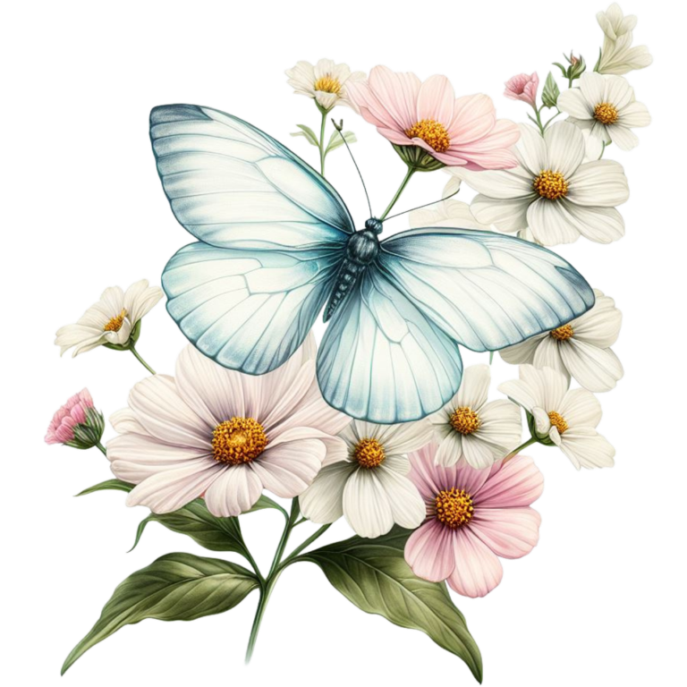 White Butterfly On Cosmos Flowers Vinyl Sticker Decal