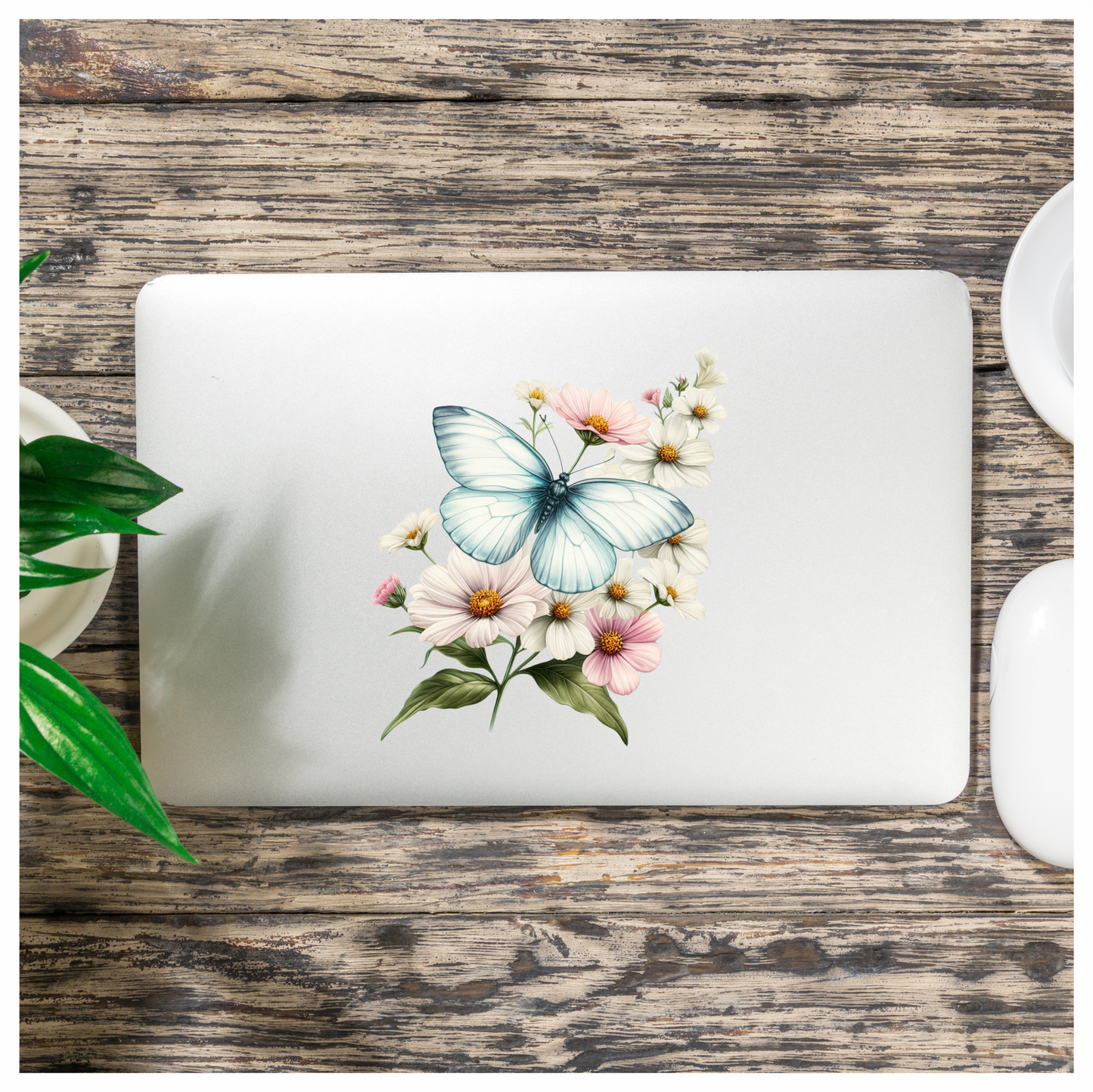 White Butterfly On Cosmos Flowers Vinyl Sticker Decal