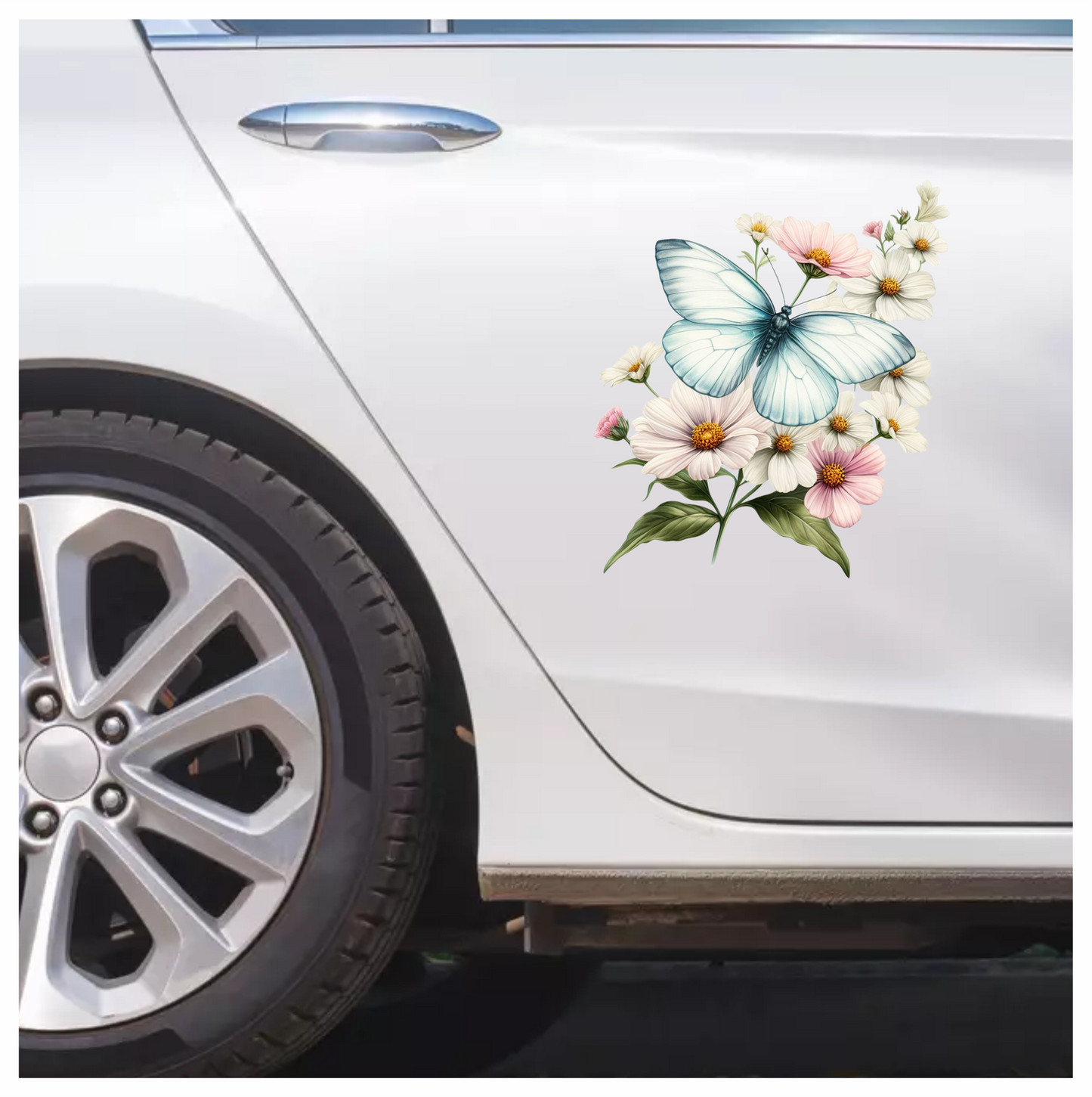 White Butterfly On Cosmos Flowers Vinyl Sticker Decal
