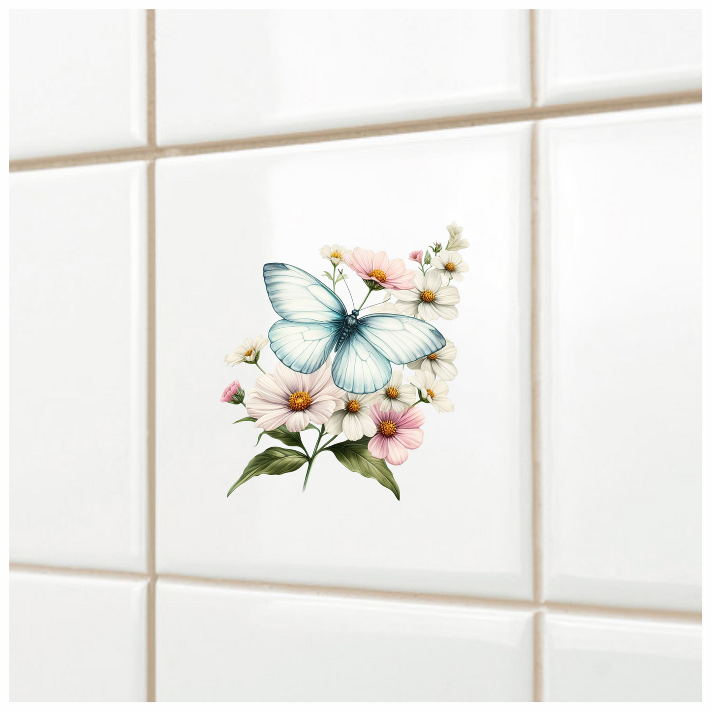 White Butterfly On Cosmos Flowers Vinyl Sticker Decal