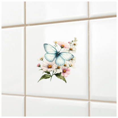 White Butterfly On Cosmos Flowers Vinyl Sticker Decal