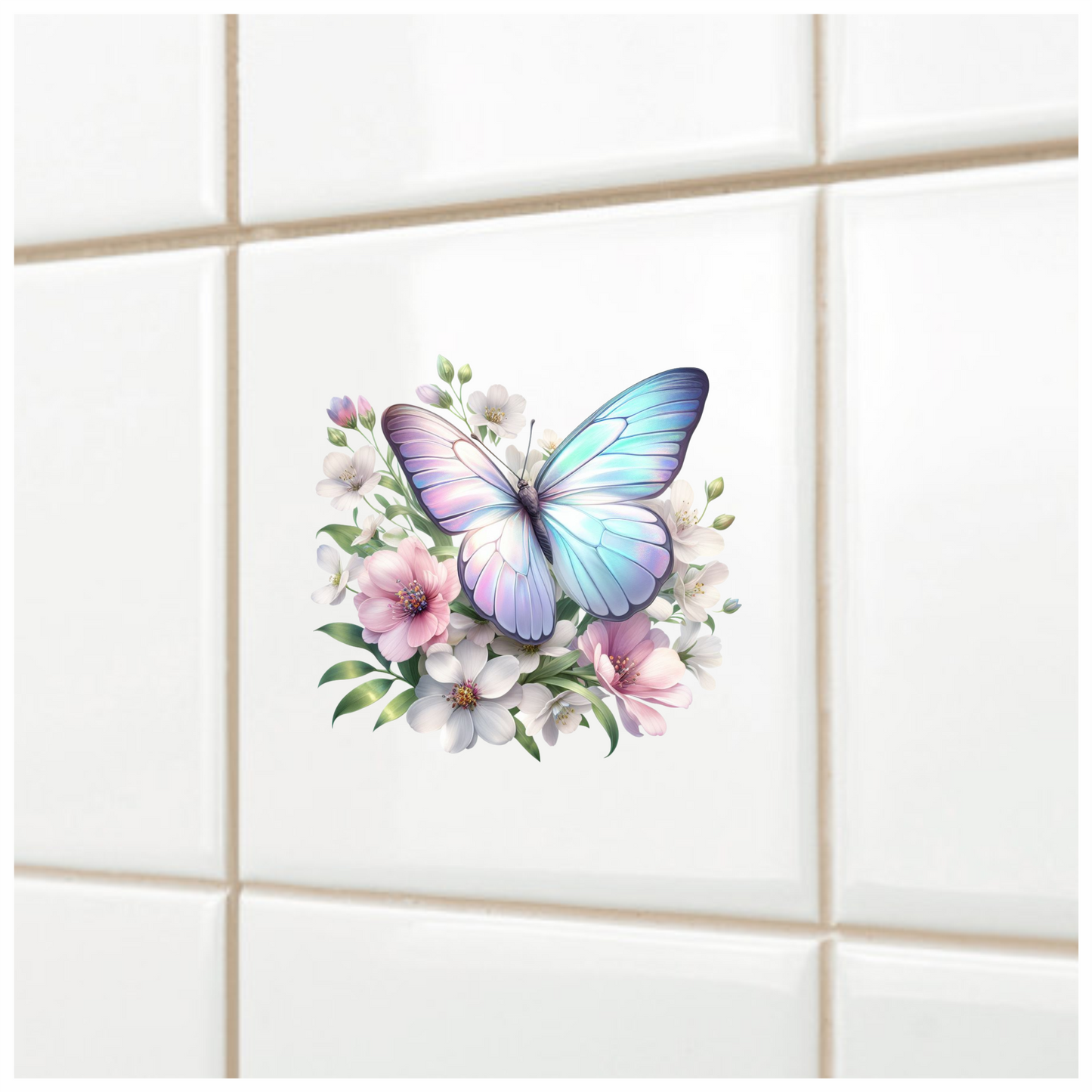 Pastel Butterfly On White Flowers Vinyl Sticker Decal