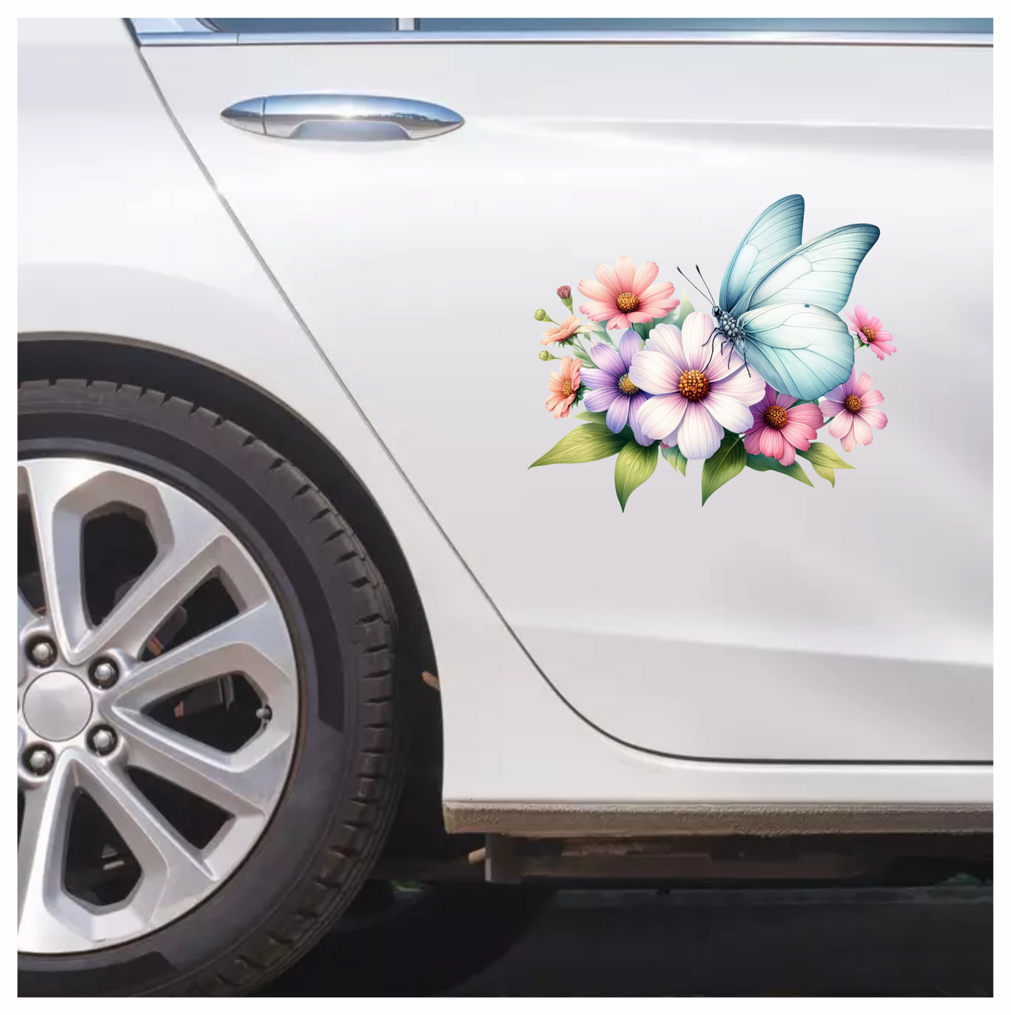 White Butterfly On Cosmos Flowers Vinyl Sticker Decal