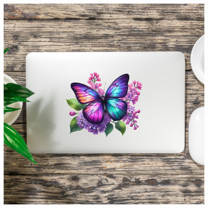 Rainbow Butterfly On Lilac Flowers Vinyl Sticker Decal