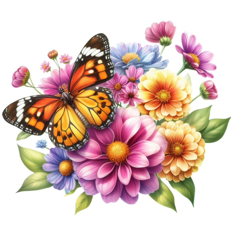Orange Butterfly On Zinnia Flowers Vinyl Sticker Decal
