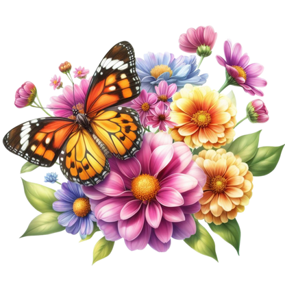 Orange Butterfly On Zinnia Flowers Vinyl Sticker Decal