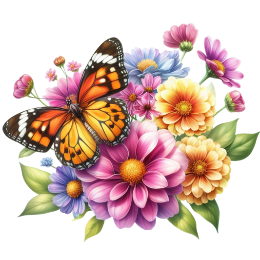 Orange Butterfly On Zinnia Flowers Vinyl Sticker Decal
