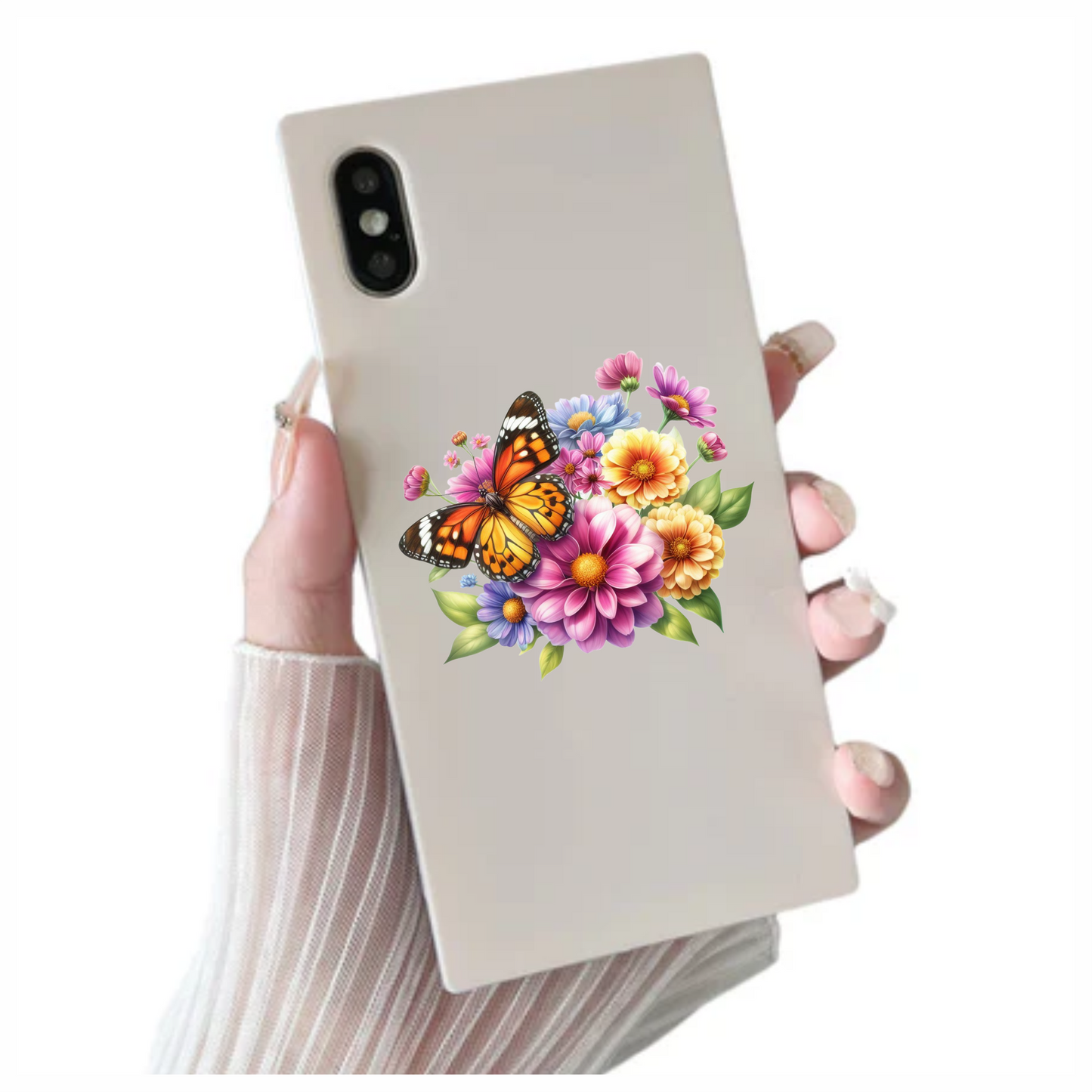 Orange Butterfly On Zinnia Flowers Vinyl Sticker Decal