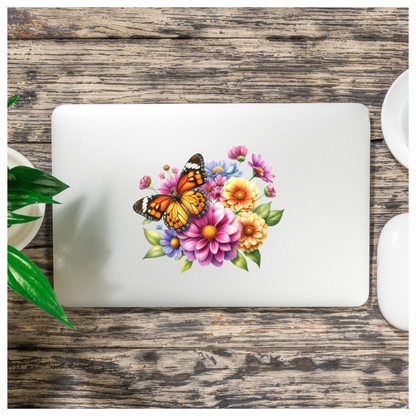 Orange Butterfly On Zinnia Flowers Vinyl Sticker Decal