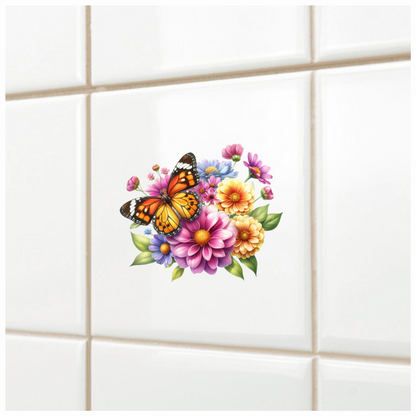 Orange Butterfly On Zinnia Flowers Vinyl Sticker Decal