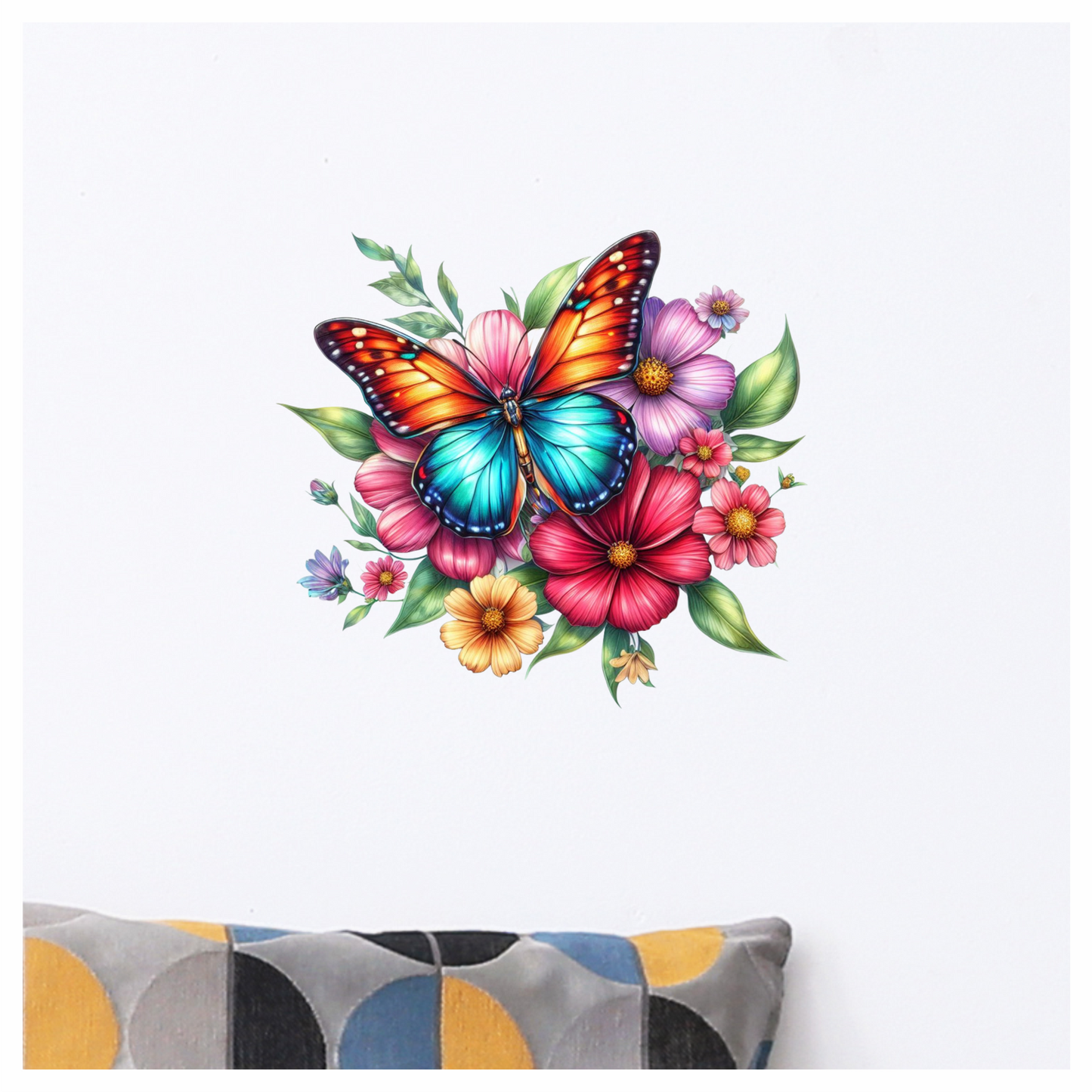Blue Butterfly On Cosmos Flowers Vinyl Sticker Decal
