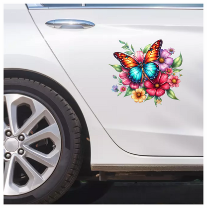 Blue Butterfly On Cosmos Flowers Vinyl Sticker Decal