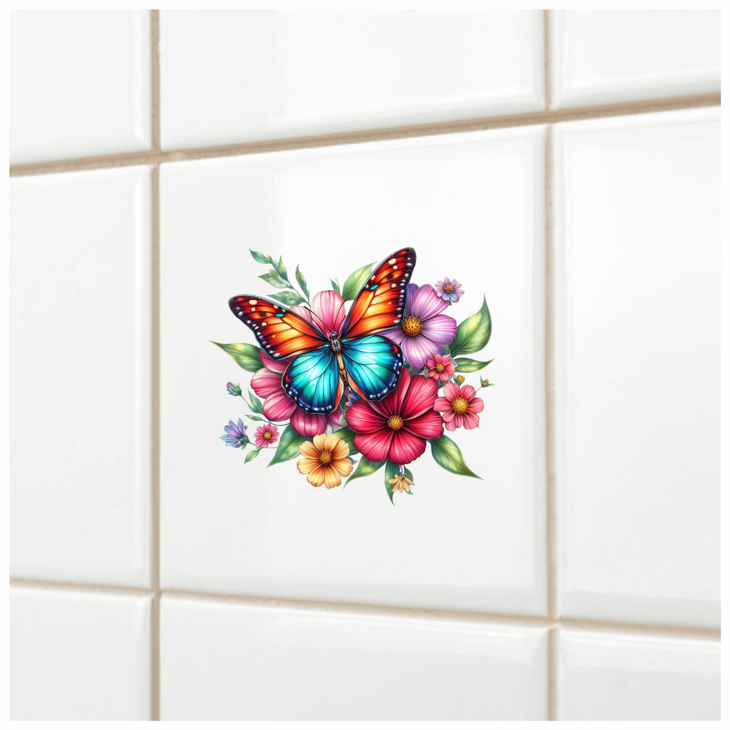 Blue Butterfly On Cosmos Flowers Vinyl Sticker Decal