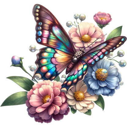 Rainbow Butterfly On Garden Flowers Vinyl Sticker Decal