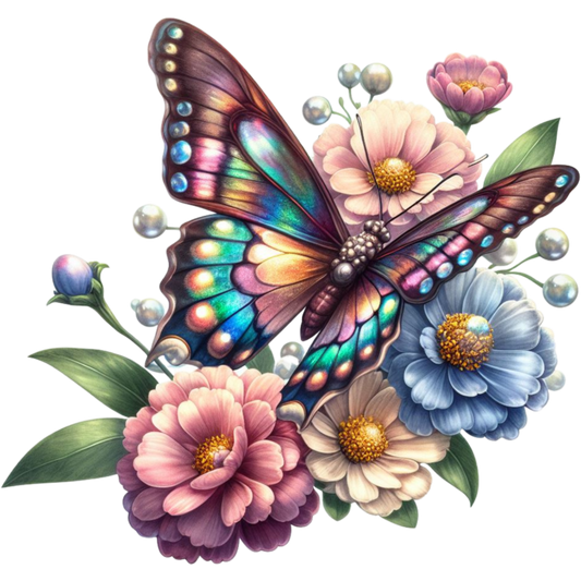 Rainbow Butterfly On Garden Flowers Vinyl Sticker Decal