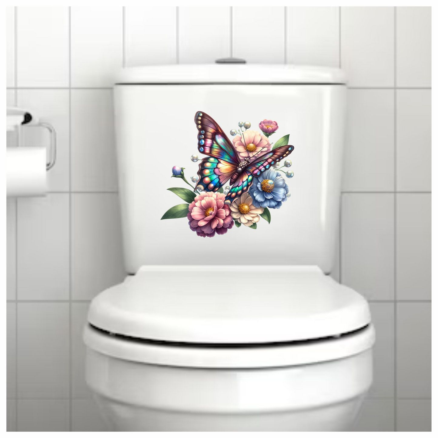 Rainbow Butterfly On Garden Flowers Vinyl Sticker Decal